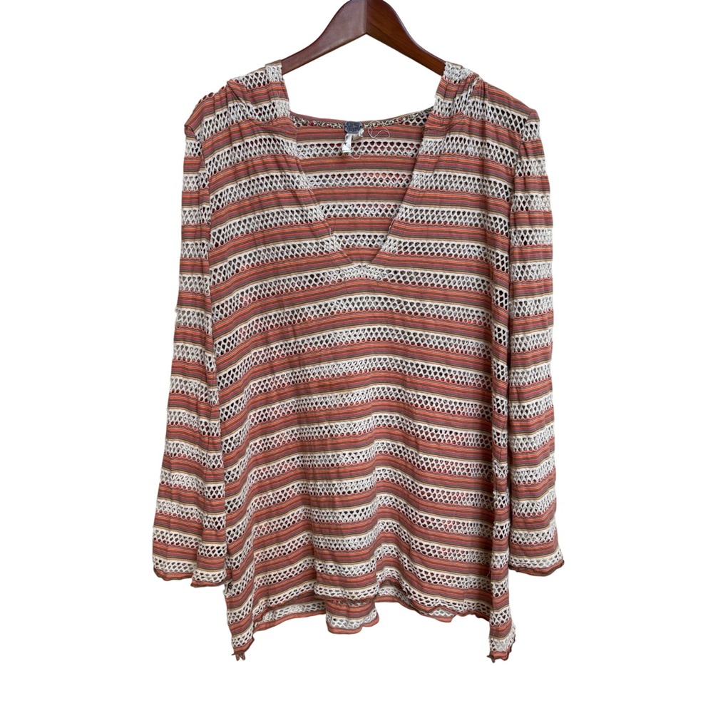 We The Free Free People Striped Open Knit Crochet Hoodie Top Large Orange Multi